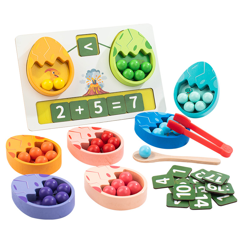 Montessori Eco-friendly Fine Motor Sorting Set Wooden Dinosaur Egg Counting &amp; Math Toy with Tweezers &amp; Beads for Toddlers