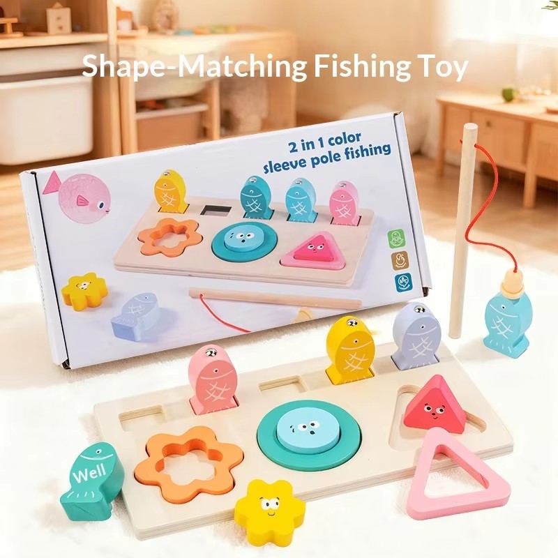 Montessori Wooden Educational Toy Shape Sorter Color Matching Fishing Activity Fine Motor Skill Training for Toddlers