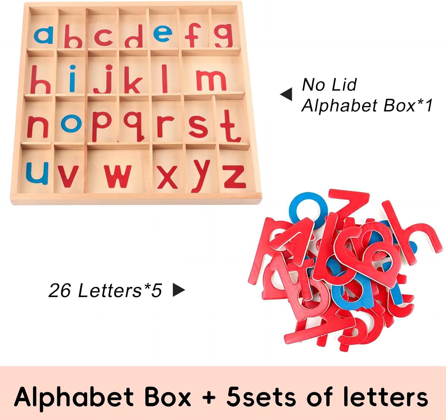 Montessori Spelling Language Learning Material Toy Wooden Removable Letters Preschool Items with Box (Red and Blue)