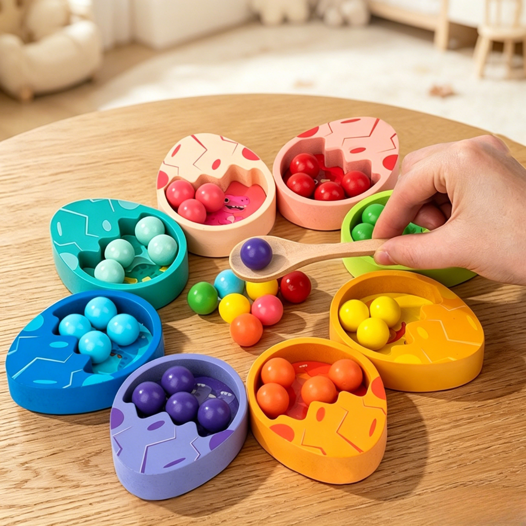 Montessori Eco-friendly Fine Motor Sorting Set Wooden Dinosaur Egg Counting &amp; Math Toy with Tweezers &amp; Beads for Toddlers