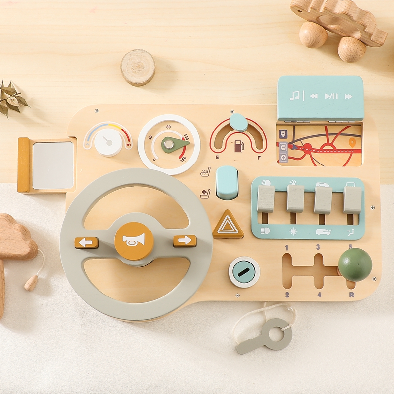 Montessori Wooden Busy Board Sensory Driving Learning Steering Wheel Toy for Children Aged 3 Years and Above Educational Toy