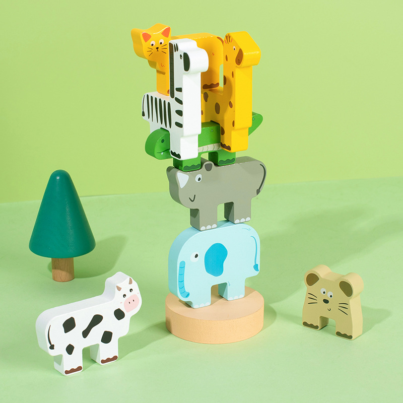 Montessori Wooden Animal Stacking Toys – 9 PCS Sorting Blocks for Toddlers Age 1-4