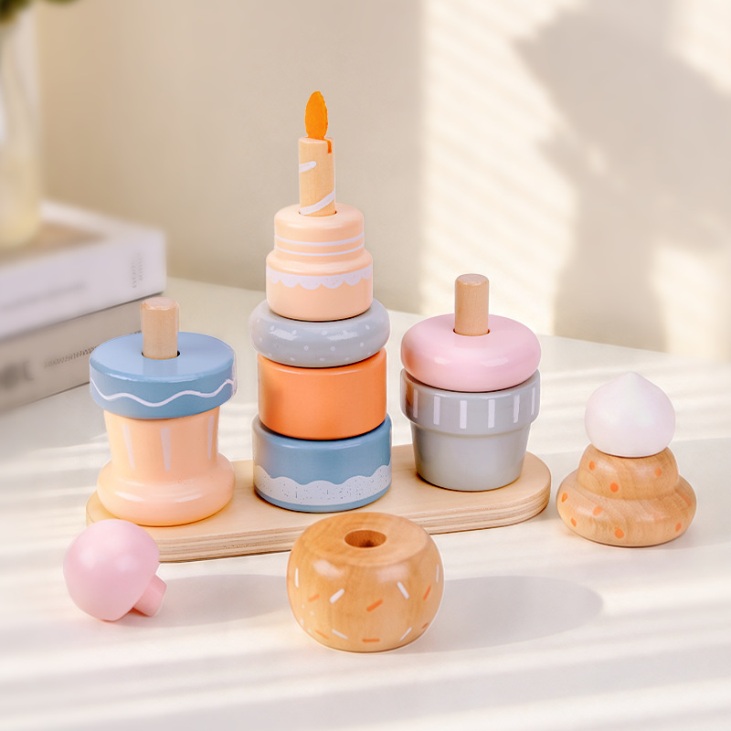 Qiaike Baby Montessori Wooden Sweet Cake Stacking Toy Pretend Play Dessert Set Diy Educational Building Blocks Wooden Toy OEM CE