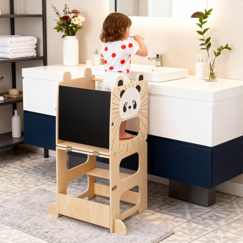 Montessori Bamboo Learning Tower Foldable Toddler Kitchen Helper Step Stool With Drawing Board Adjustable Kids Wholesale