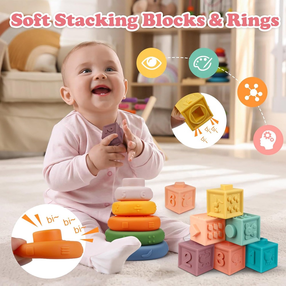 6 in 1 Montessori Sensory Activity Toy Sorting Matching Stacking Pull String Suction Cup Spinner Toy for Baby Fine Motor Skills
