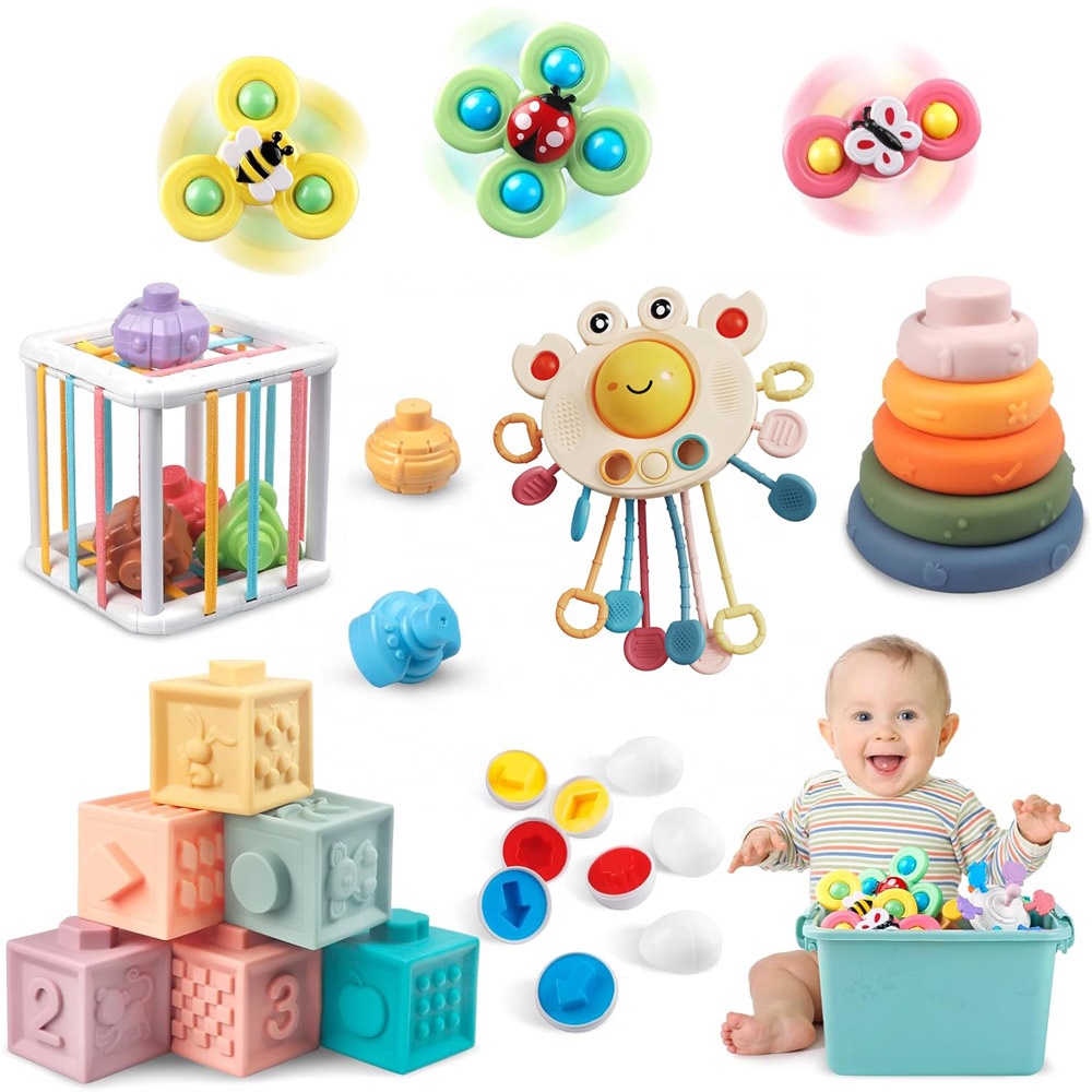 6 in 1 Montessori Sensory Activity Toy Sorting Matching Stacking Pull String Suction Cup Spinner Toy for Baby Fine Motor Skills