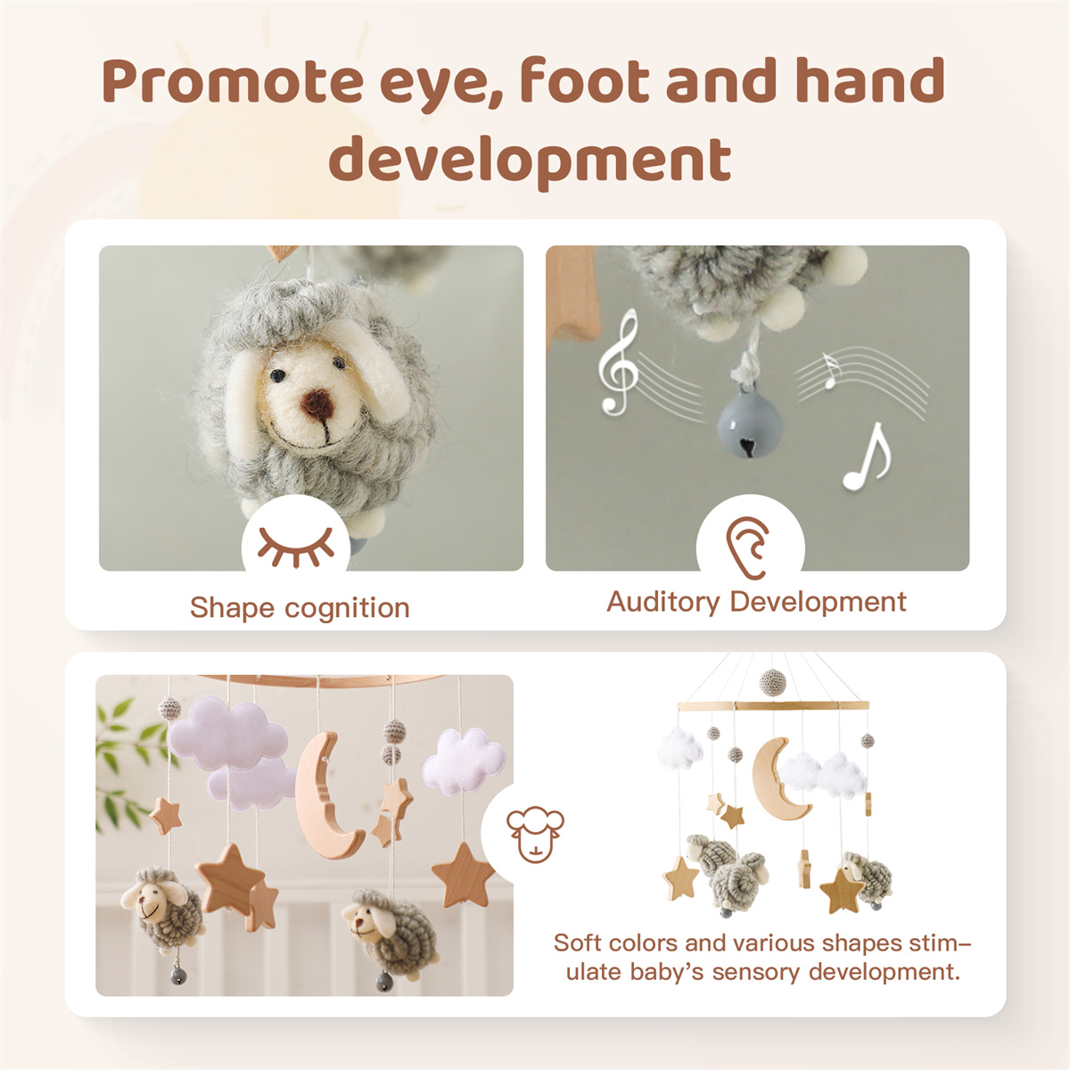 Handmade Soft Eco-friendly Wooden Baby Mobile for Crib Neutral Sheep Nursery Decor Felt Moon Stars Mobile Montessori Newborn Toy