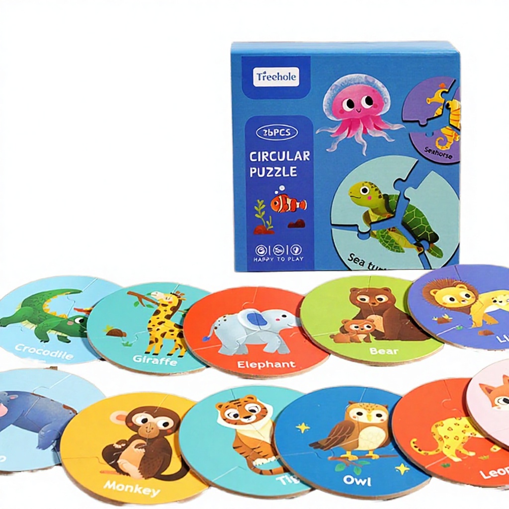 VIVIWOODTOY Early Educational Cartoon Forest Animal Cognitive Wooden Circular Puzzle Game with Under 50 Pieces for 2-4 Years &amp;