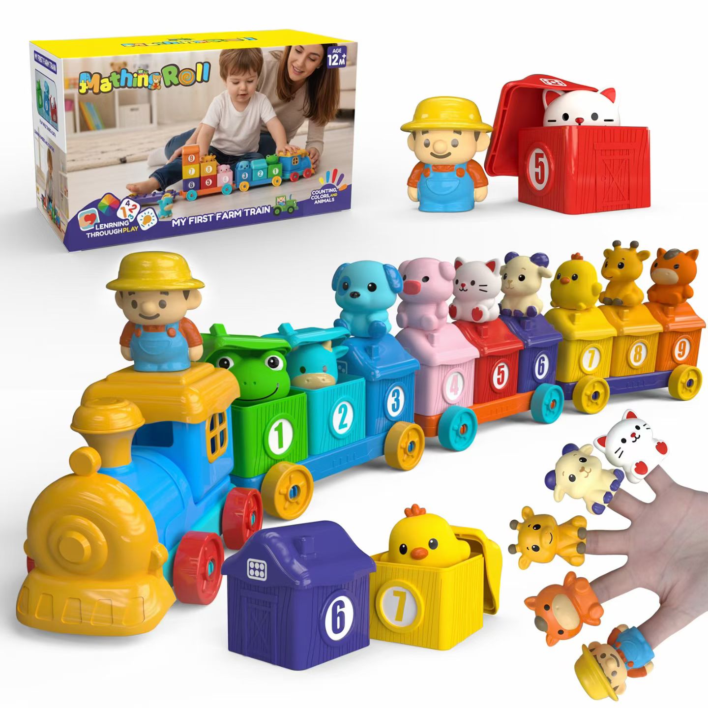 Toddler Early Learning Montessori Toys Farm Animals Train 10 Finger Puppets Sorting Counting Matching Toys