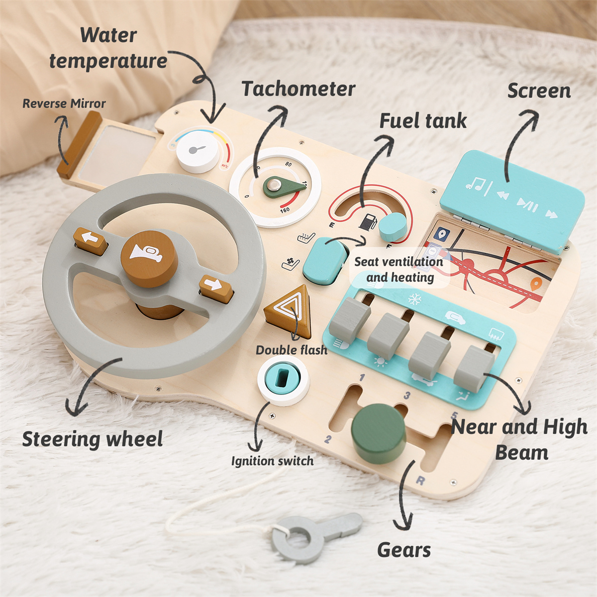 Toddler Driving Learning Eco-friendly Wooden Steering Wheel Educational Busy Board Montessori Toys Children Ages 2-7 Years