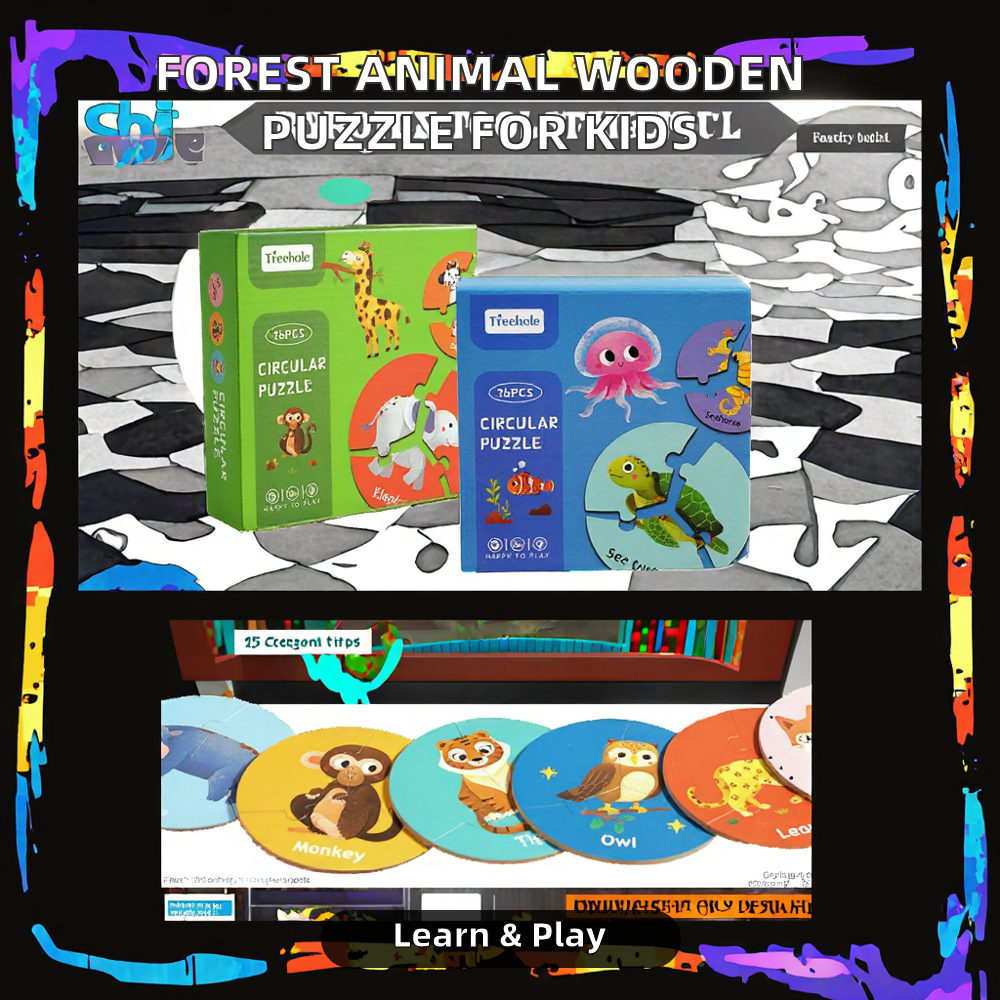 VIVIWOODTOY Early Educational Cartoon Forest Animal Cognitive Wooden Circular Puzzle Game with Under 50 Pieces for 2-4 Years &amp;