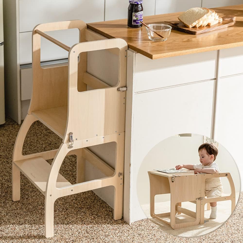 Montessori Tower Stepping Collapsible Safety Rail Wood Learning Tower Toddler Kids With High Chair