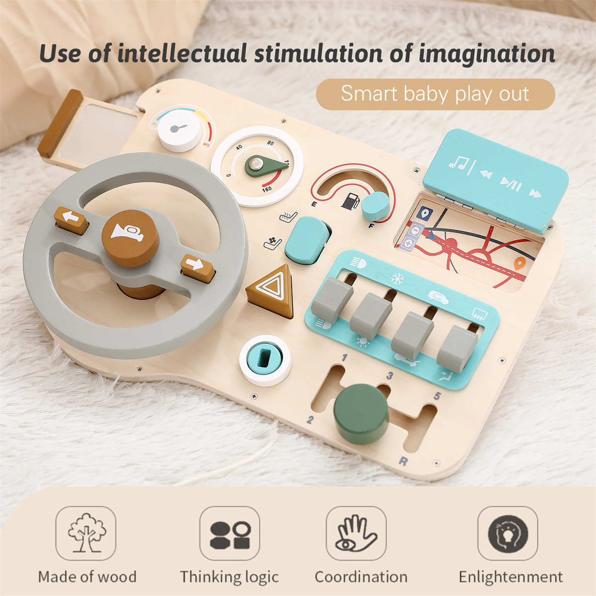 Toddler Driving Learning Eco-friendly Wooden Steering Wheel Educational Busy Board Montessori Toys Children Ages 2-7 Years
