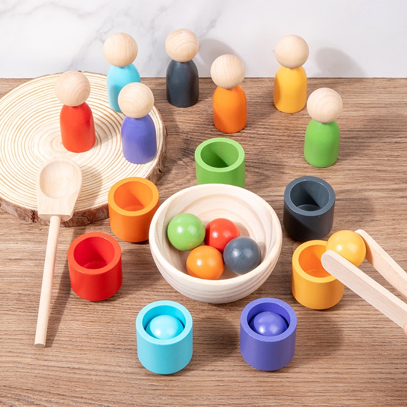 Montessori-Inspired 7-Color Wood Ball Cup Sorting Toy for Toddlers Educational Color Recognition Cognitive Matching 2026