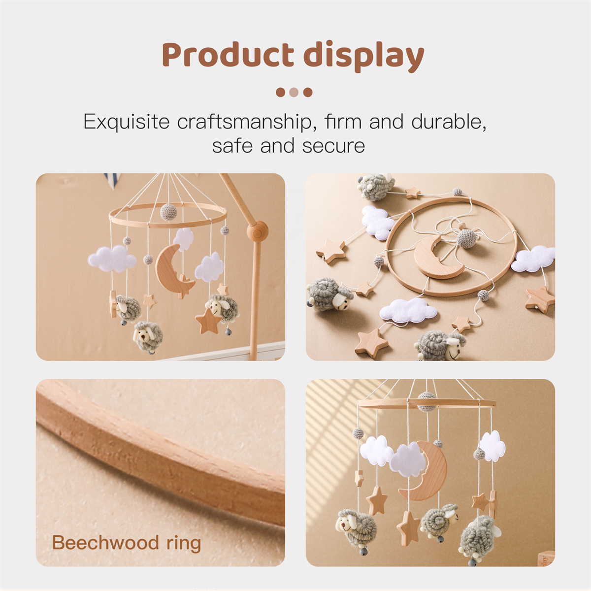 Handmade Soft Eco-friendly Wooden Baby Mobile for Crib Neutral Sheep Nursery Decor Felt Moon Stars Mobile Montessori Newborn Toy