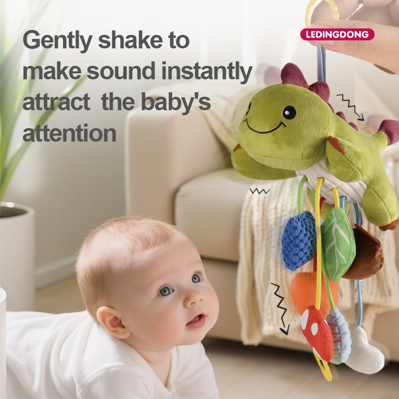 Baby Montessori Soft Toy Newborn Plush Animal Dino Sensory Hanging Toy with Build in Rattle and Crinkle Paper