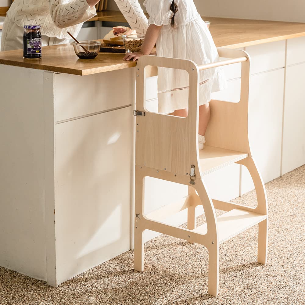 Montessori Tower Stepping Collapsible Safety Rail Wood Learning Tower Toddler Kids With High Chair