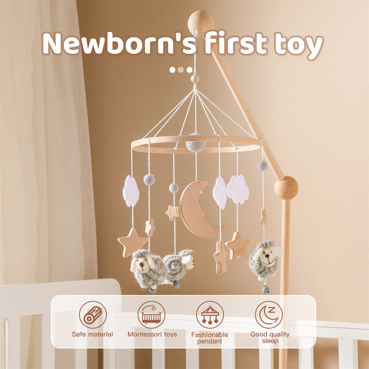 Handmade Soft Eco-friendly Wooden Baby Mobile for Crib Neutral Sheep Nursery Decor Felt Moon Stars Mobile Montessori Newborn Toy