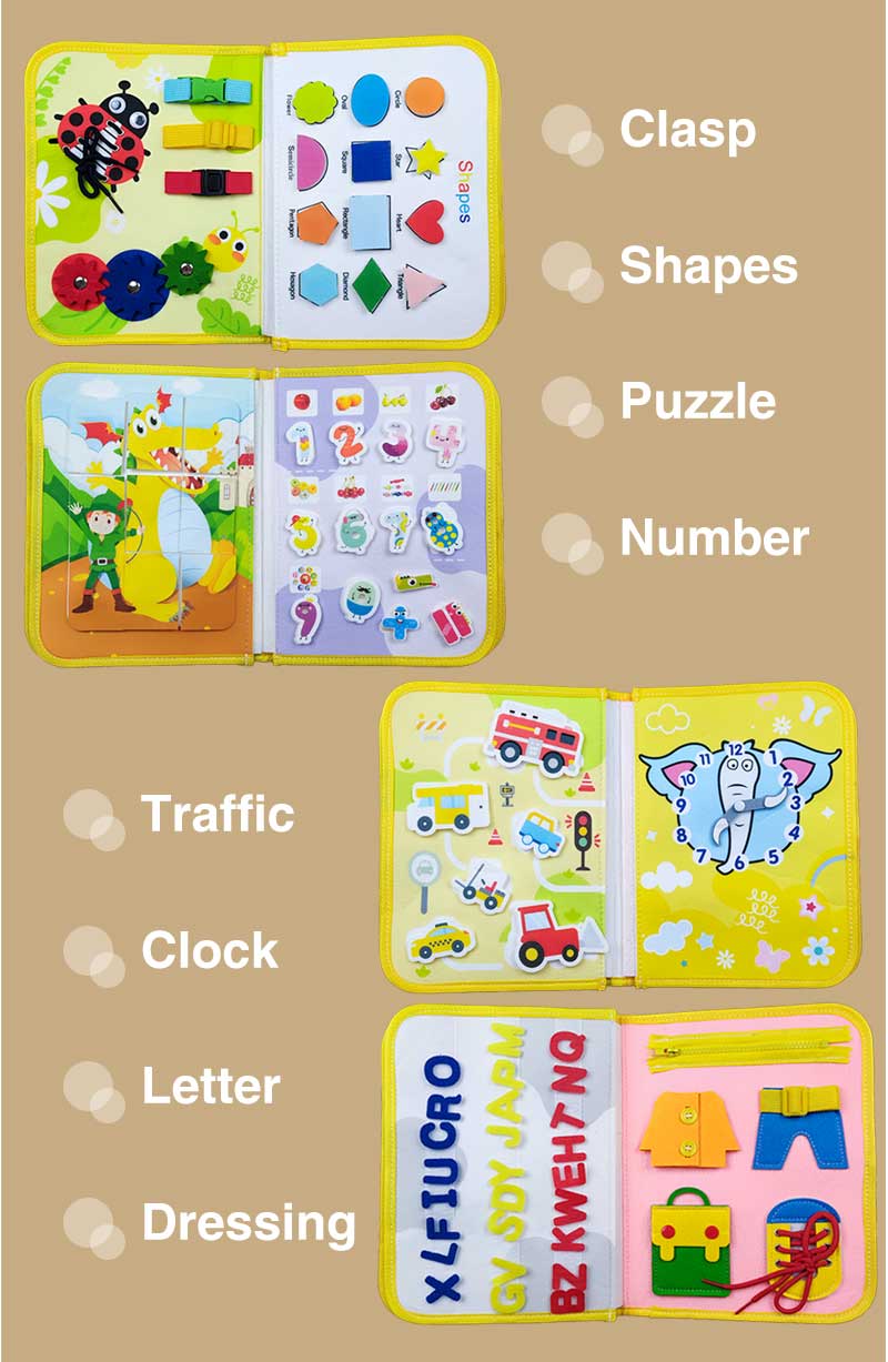 Toddlers Early Education Basic Skills Learning Baby Montessori Sensory Felt Busy Board Soft Book Toy Customized Color 21x28cm