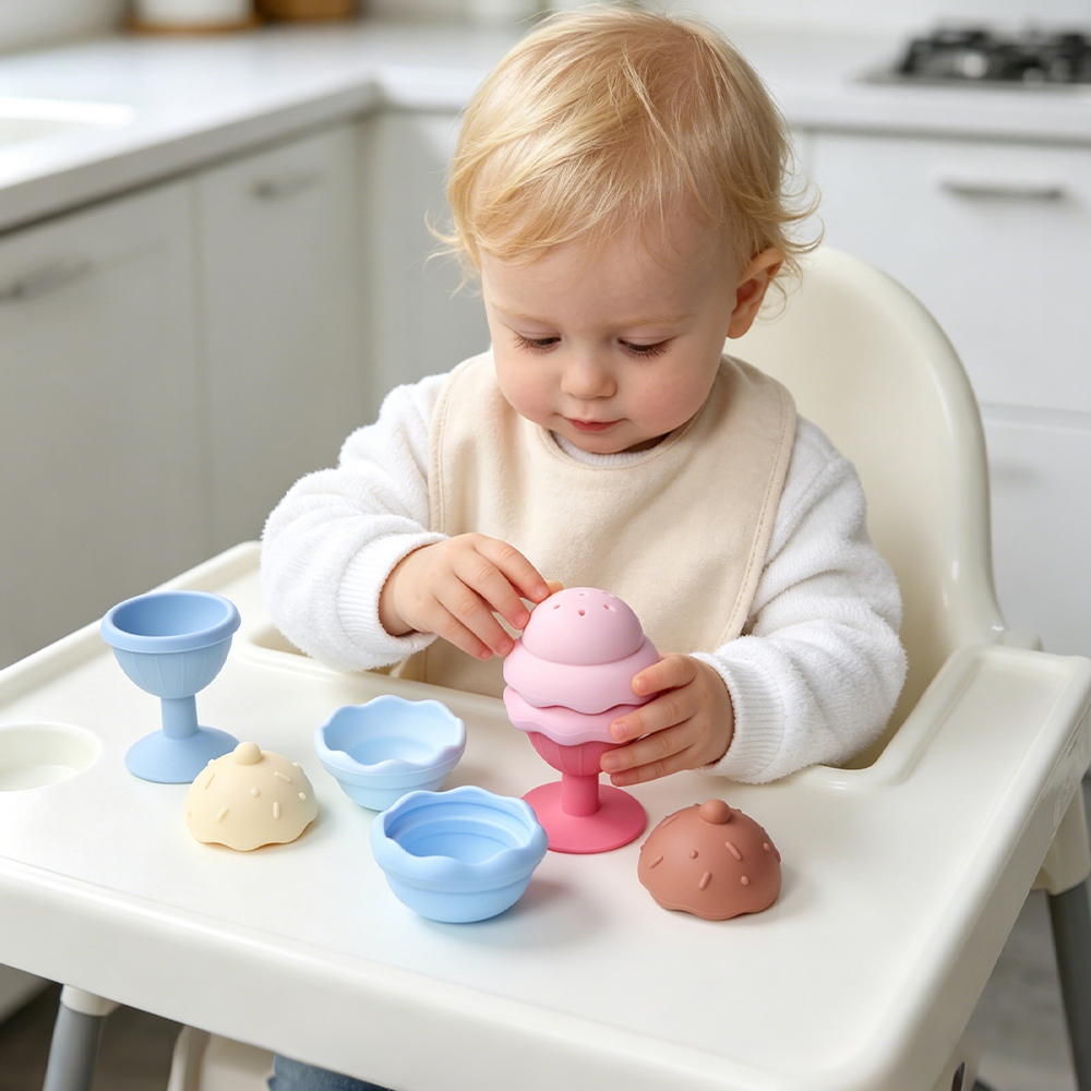 Manufacturer Montessori Ice Cream Stacker Silicone Stacking Toy for Baby 6-12 Months Educational Sensory Nesting Cups Set