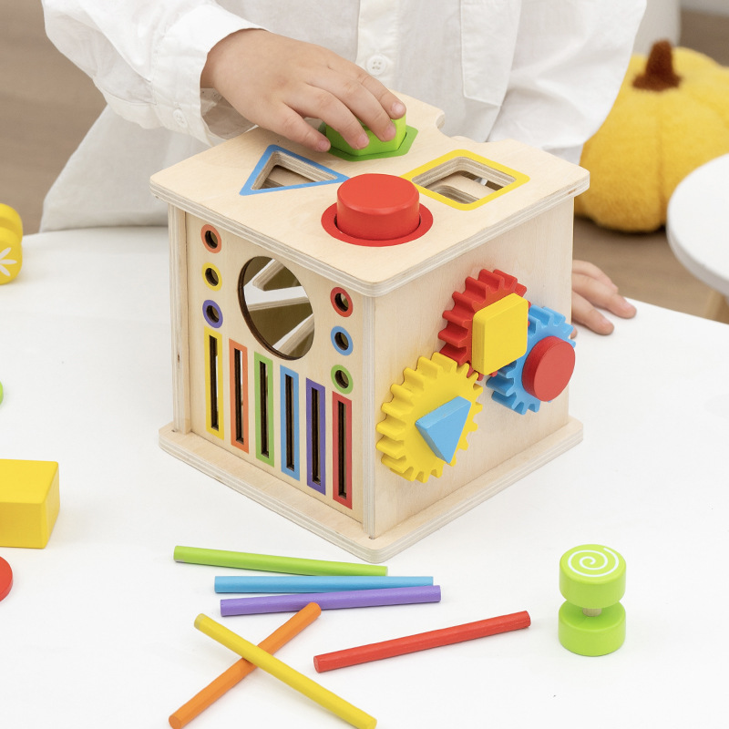 Wooden Montessori Activity Cube Multifunctional Sensory Toy Gears Shapes Puzzles Fine Motor Skill Development Educational Toys
