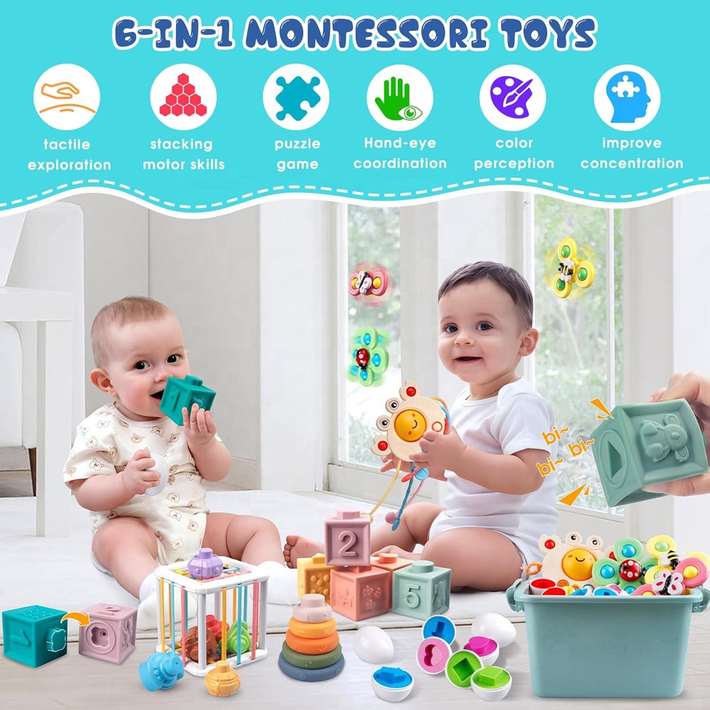 6 in 1 Montessori Sensory Activity Toy Sorting Matching Stacking Pull String Suction Cup Spinner Toy for Baby Fine Motor Skills