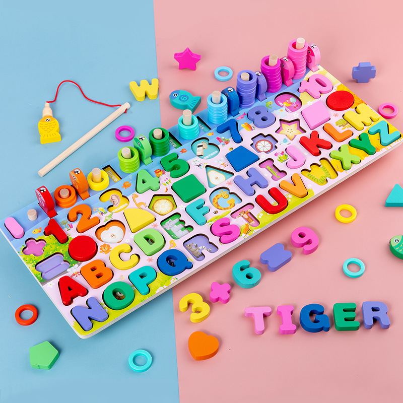 Wholesale Muwantu W5 Wooden Montessori Educational Toys Six One Logarithmic Board Math Fishing Shape Matching Teaching Aids Ages
