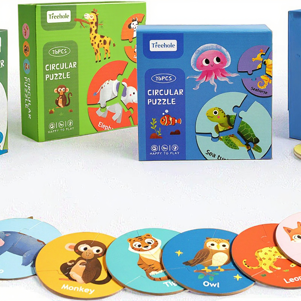 VIVIWOODTOY Early Educational Cartoon Forest Animal Cognitive Wooden Circular Puzzle Game with Under 50 Pieces for 2-4 Years &amp;