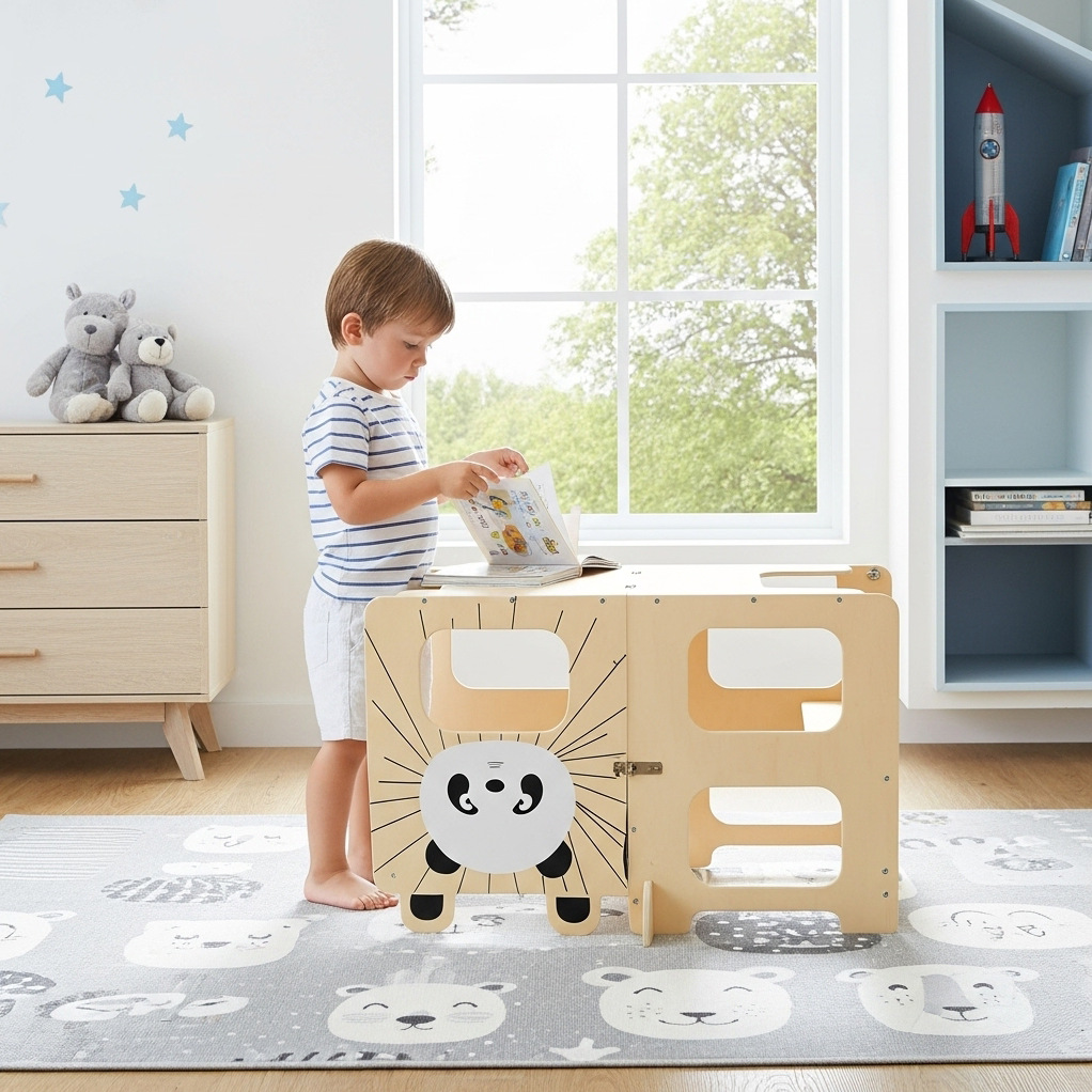 Montessori Bamboo Learning Tower Foldable Toddler Kitchen Helper Step Stool With Drawing Board Adjustable Kids Wholesale