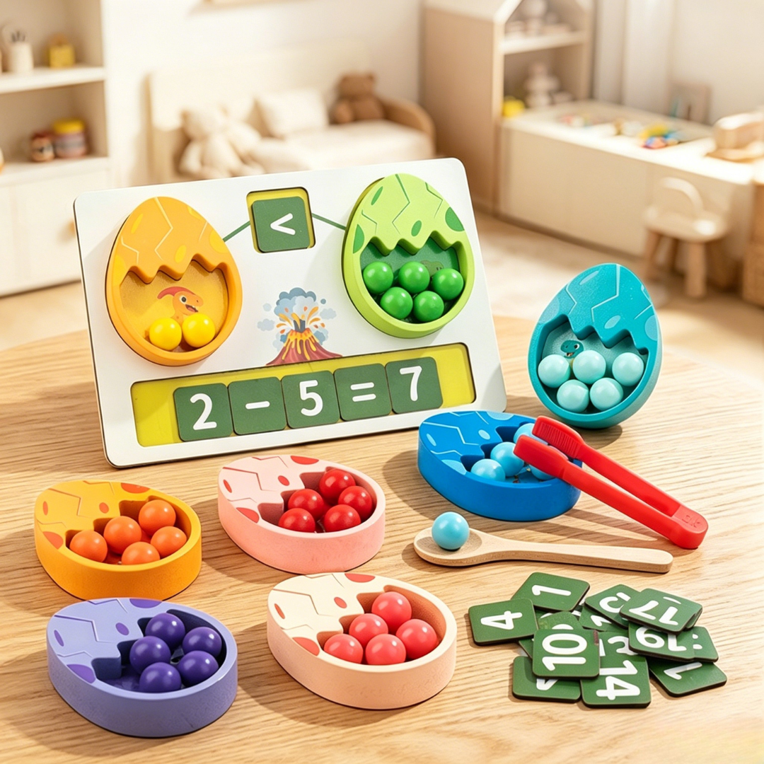 Montessori Eco-friendly Fine Motor Sorting Set Wooden Dinosaur Egg Counting &amp; Math Toy with Tweezers &amp; Beads for Toddlers