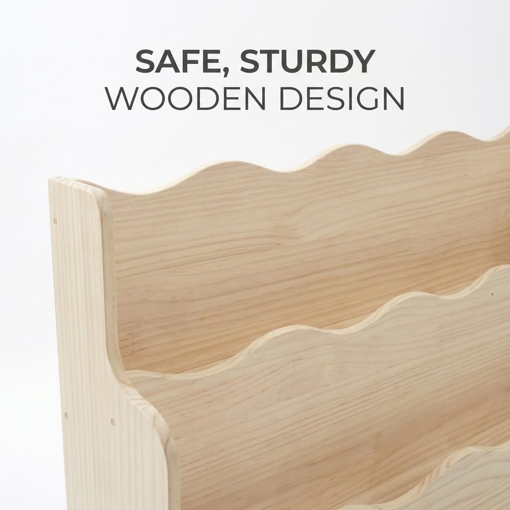 FIKSG 3-Tier Montessori Scalloped Kids Bookshelf 29.6" Wide Natural Wood Floor Mount Book Display Organizer Playroom Nursery