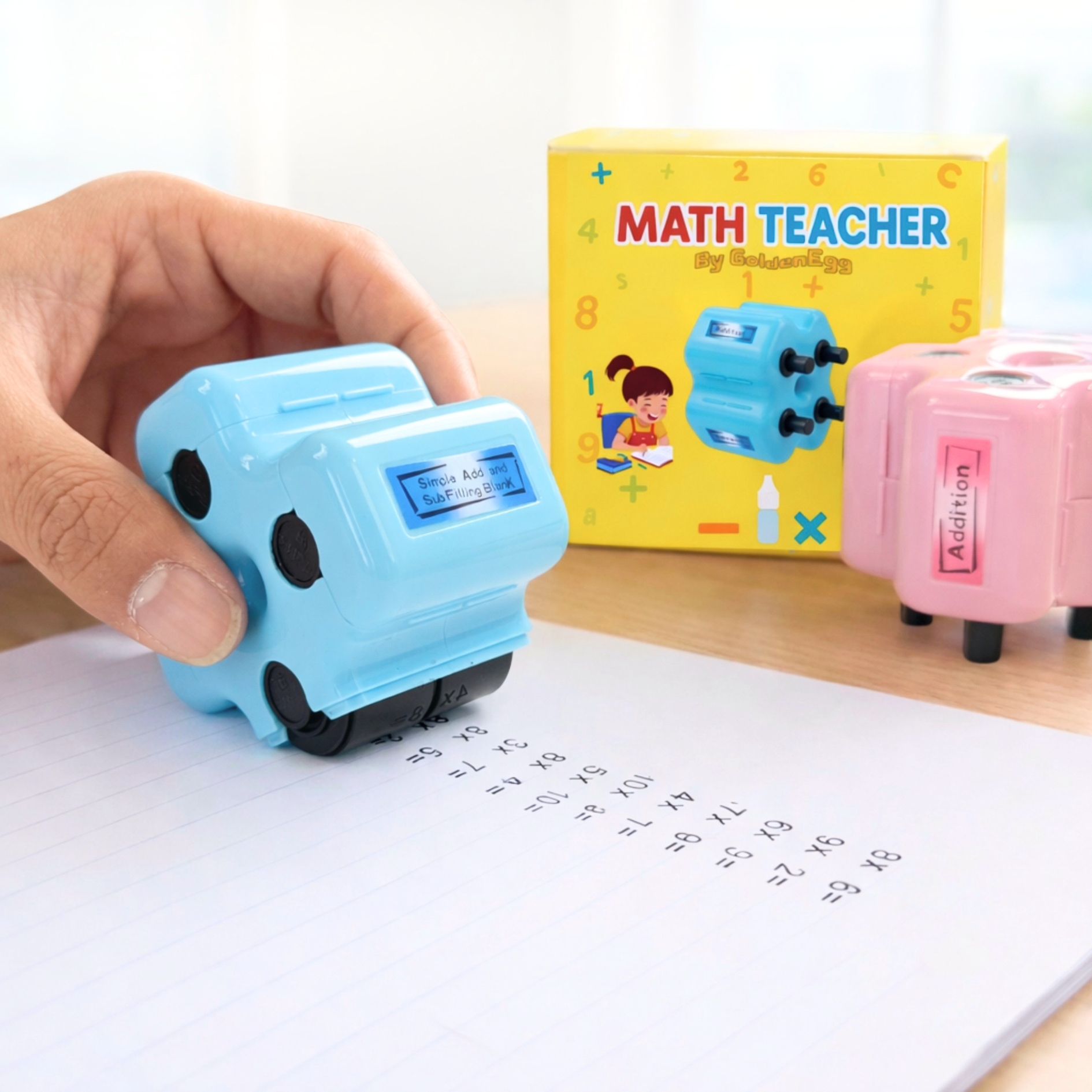 Math Teacher 4-in-1 Roller Stamp GoldenEgg Addition Subtraction Multiplication Fill-in-The-Blank Practice Ages 4-10 Non-Toxic