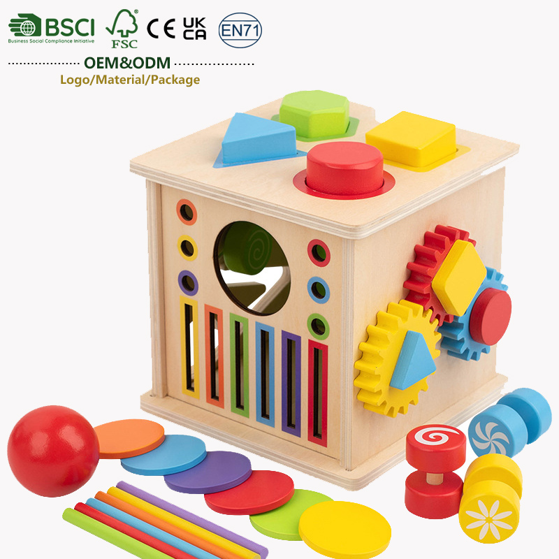 Wooden Montessori Activity Cube Multifunctional Sensory Toy Gears Shapes Puzzles Fine Motor Skill Development Educational Toys