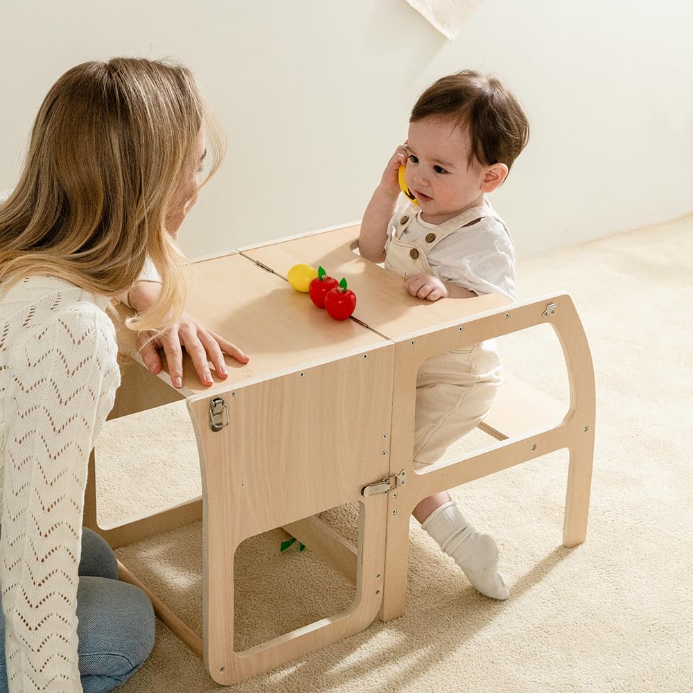 Montessori Tower Stepping Collapsible Safety Rail Wood Learning Tower Toddler Kids With High Chair