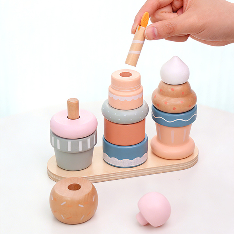 Qiaike Baby Montessori Wooden Sweet Cake Stacking Toy Pretend Play Dessert Set Diy Educational Building Blocks Wooden Toy OEM CE