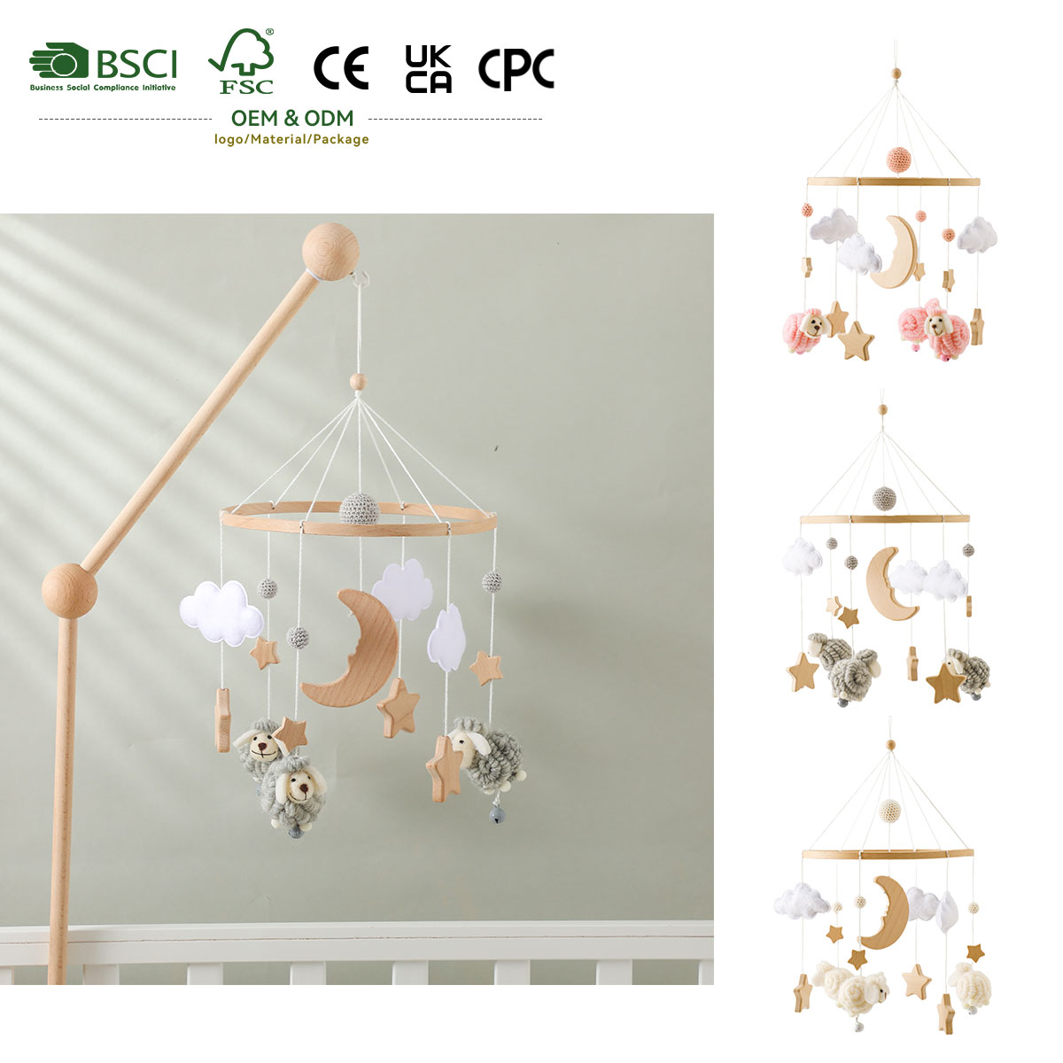Handmade Soft Eco-friendly Wooden Baby Mobile for Crib Neutral Sheep Nursery Decor Felt Moon Stars Mobile Montessori Newborn Toy