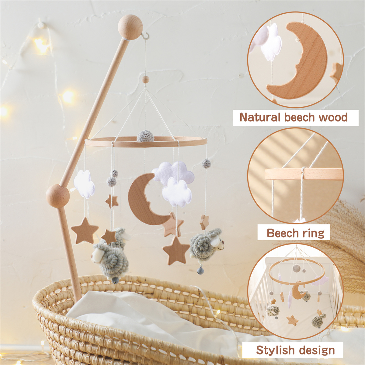 Handmade Soft Eco-friendly Wooden Baby Mobile for Crib Neutral Sheep Nursery Decor Felt Moon Stars Mobile Montessori Newborn Toy
