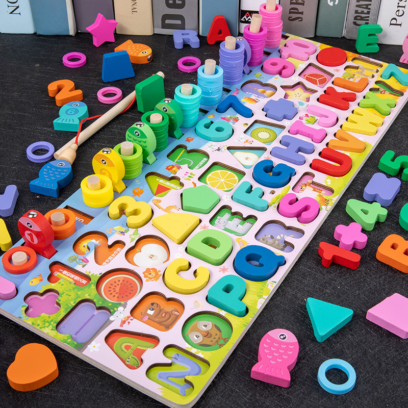 Wholesale Muwantu W5 Wooden Montessori Educational Toys Six One Logarithmic Board Math Fishing Shape Matching Teaching Aids Ages
