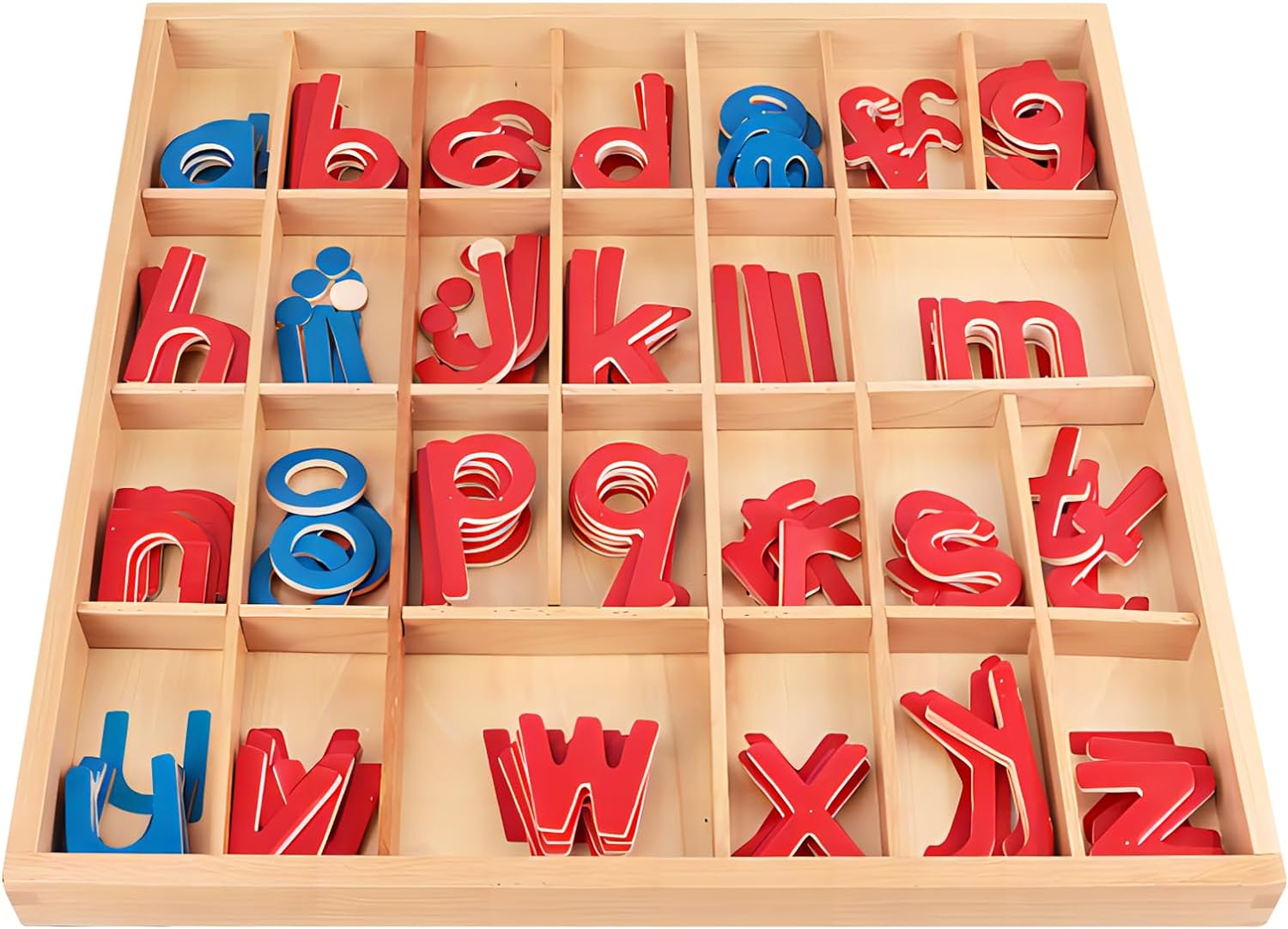 Montessori Spelling Language Learning Material Toy Wooden Removable Letters Preschool Items with Box (Red and Blue)