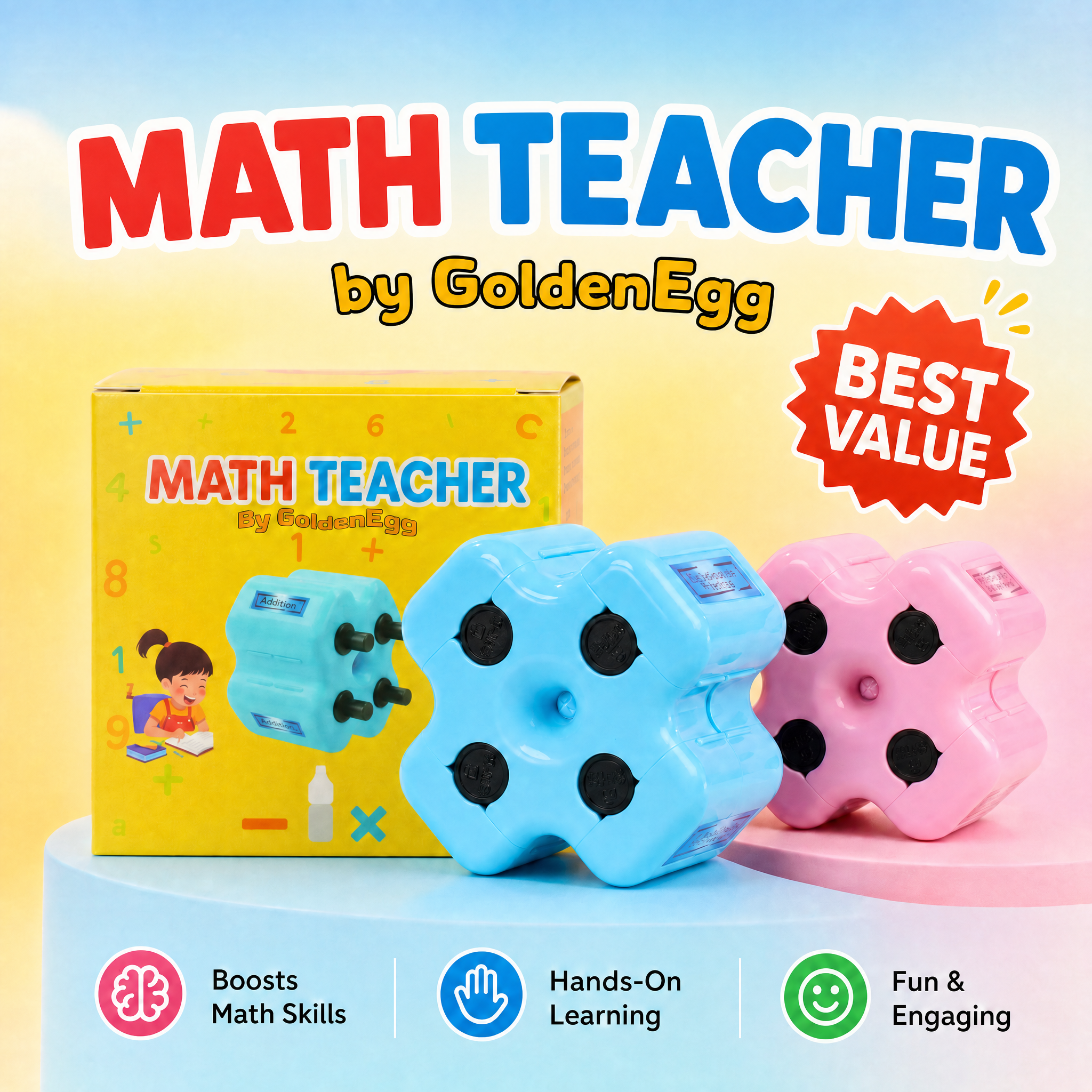 Math Teacher 4-in-1 Roller Stamp GoldenEgg Addition Subtraction Multiplication Fill-in-The-Blank Practice Ages 4-10 Non-Toxic