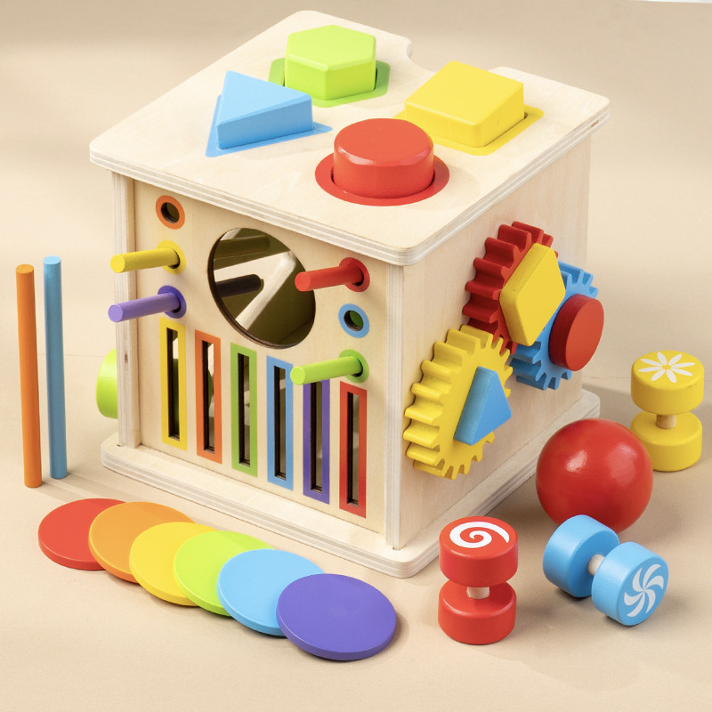 Wooden Montessori Activity Cube Multifunctional Sensory Toy Gears Shapes Puzzles Fine Motor Skill Development Educational Toys