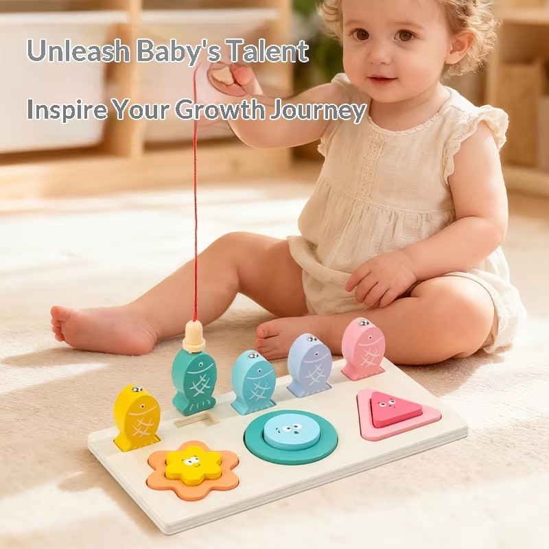 Montessori Wooden Educational Toy Shape Sorter Color Matching Fishing Activity Fine Motor Skill Training for Toddlers