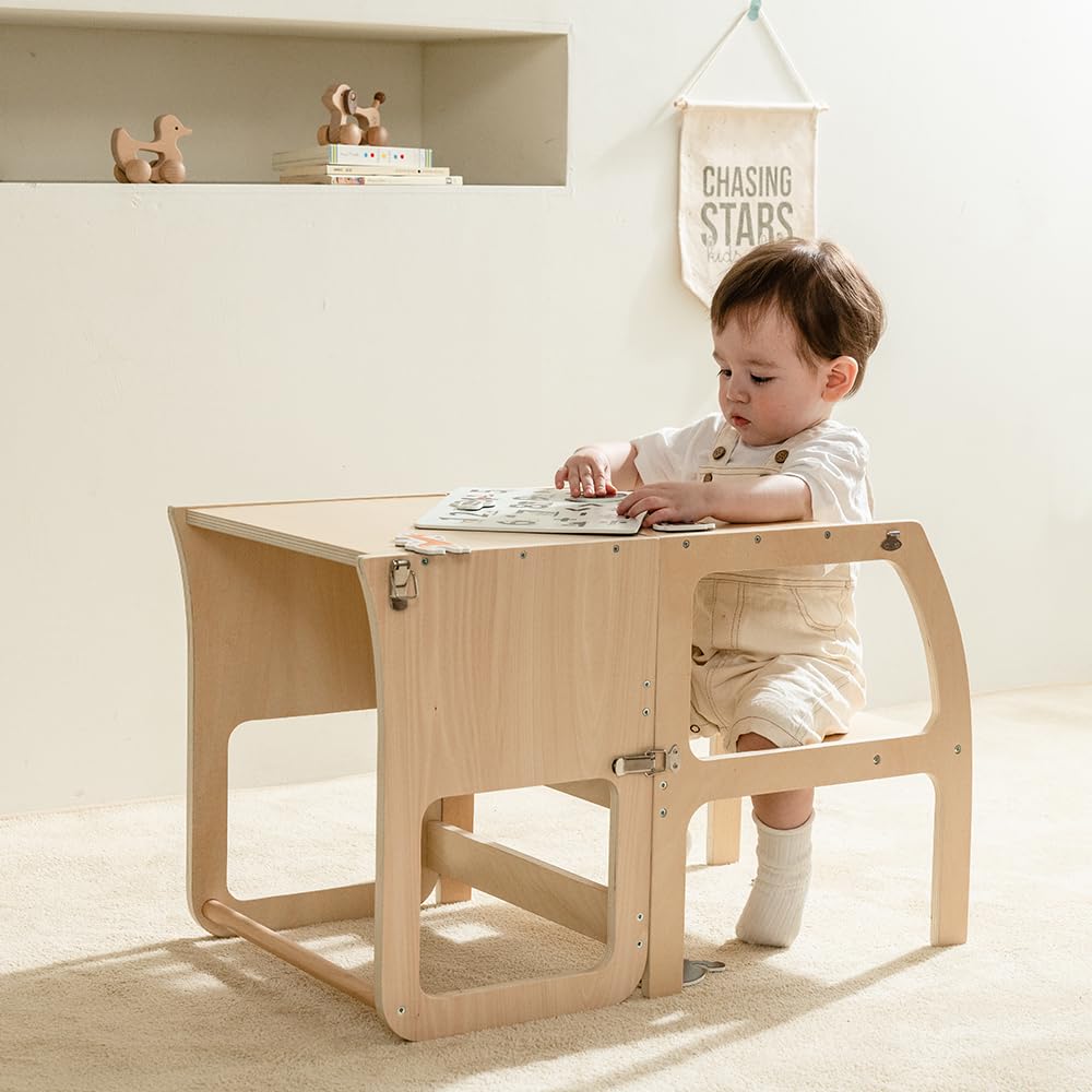 Montessori Tower Stepping Collapsible Safety Rail Wood Learning Tower Toddler Kids With High Chair