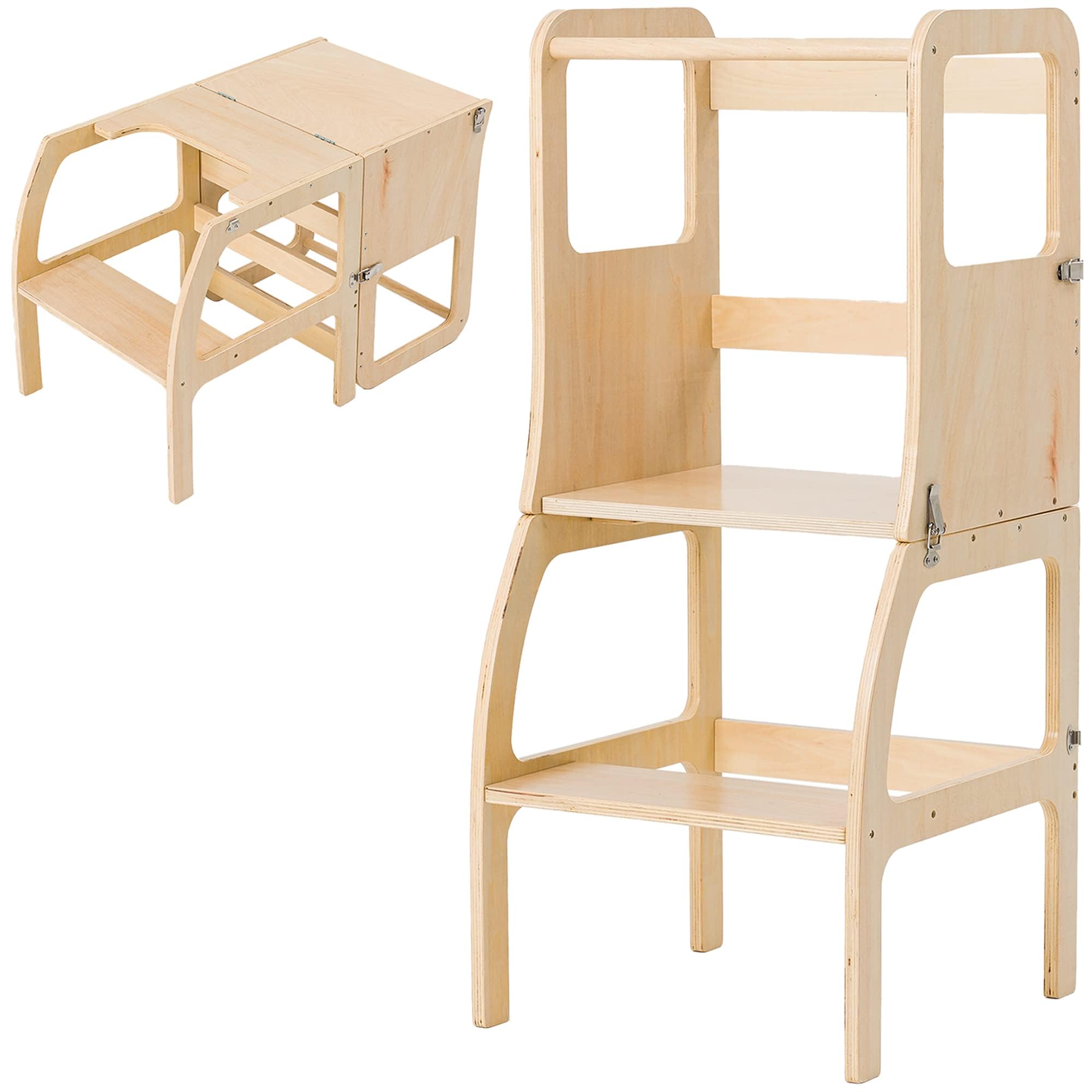 Montessori Tower Stepping Collapsible Safety Rail Wood Learning Tower Toddler Kids With High Chair