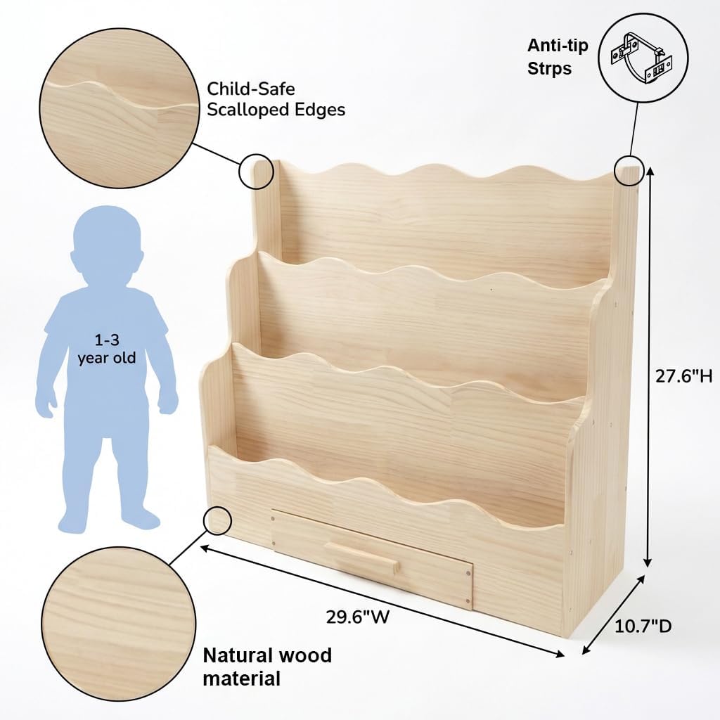 FIKSG 3-Tier Montessori Scalloped Kids Bookshelf 29.6" Wide Natural Wood Floor Mount Book Display Organizer Playroom Nursery
