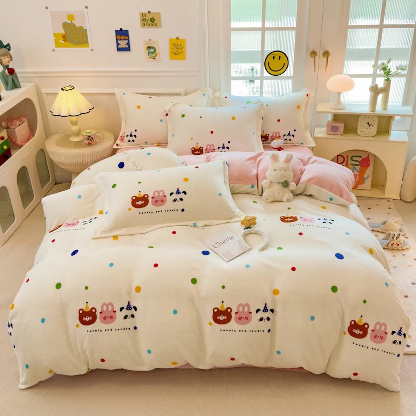 New Thicken Milk Velvet Cartoon Printing Duvet Comforter Cover Four Pieces Single Sabanas 1PCS Quilt Cover Fitted Sheet Pink Kids 3/4PCS Bedding Set for Winter