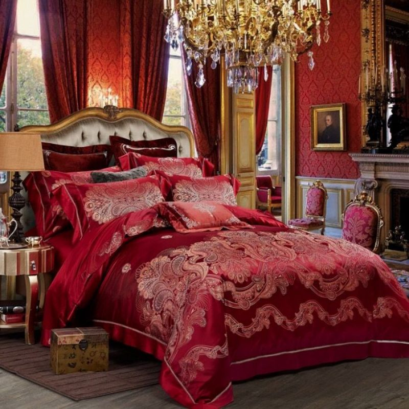 Luxury Red Mulberry Silk Home Textile Premium Yarn-Dyed Jacquard Duvet Quilt Comforter Cover ODM/OEM Coverlets Pillowcases Bed Sheet Bedding Set Wholesale