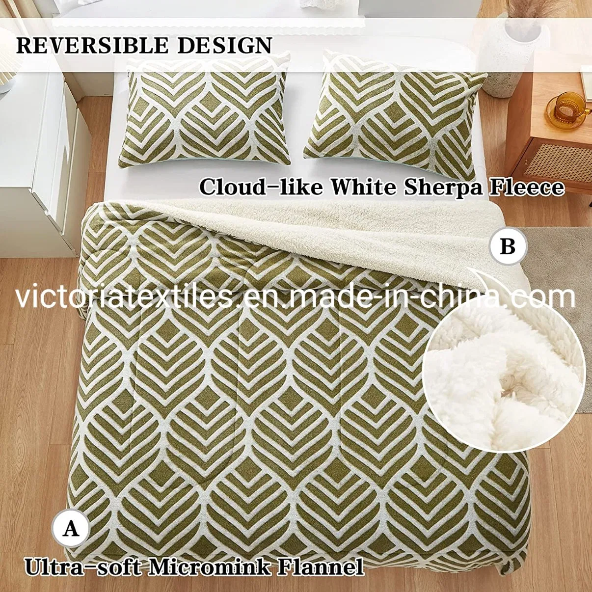 Winter Comforter Bedding Sets, Printed Softness Flannel Sherpa Comforter Set 3PCS