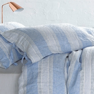 100% French Linen Blue Stripe Jacquard Duvet Cover Bed Linen Flat Fitted Sheet Four Piece Belgian Flax Breathable Bed Sheet Bedding Set
