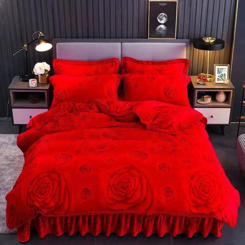Red Floral Plant Jacquard Home Textile Milk Fleece Bed Sheets Bed Linen 1.8/2.2m Duvet Cover Flannel Four Piece Pillow Shams Bed Skirt Bedding Set Wholesale